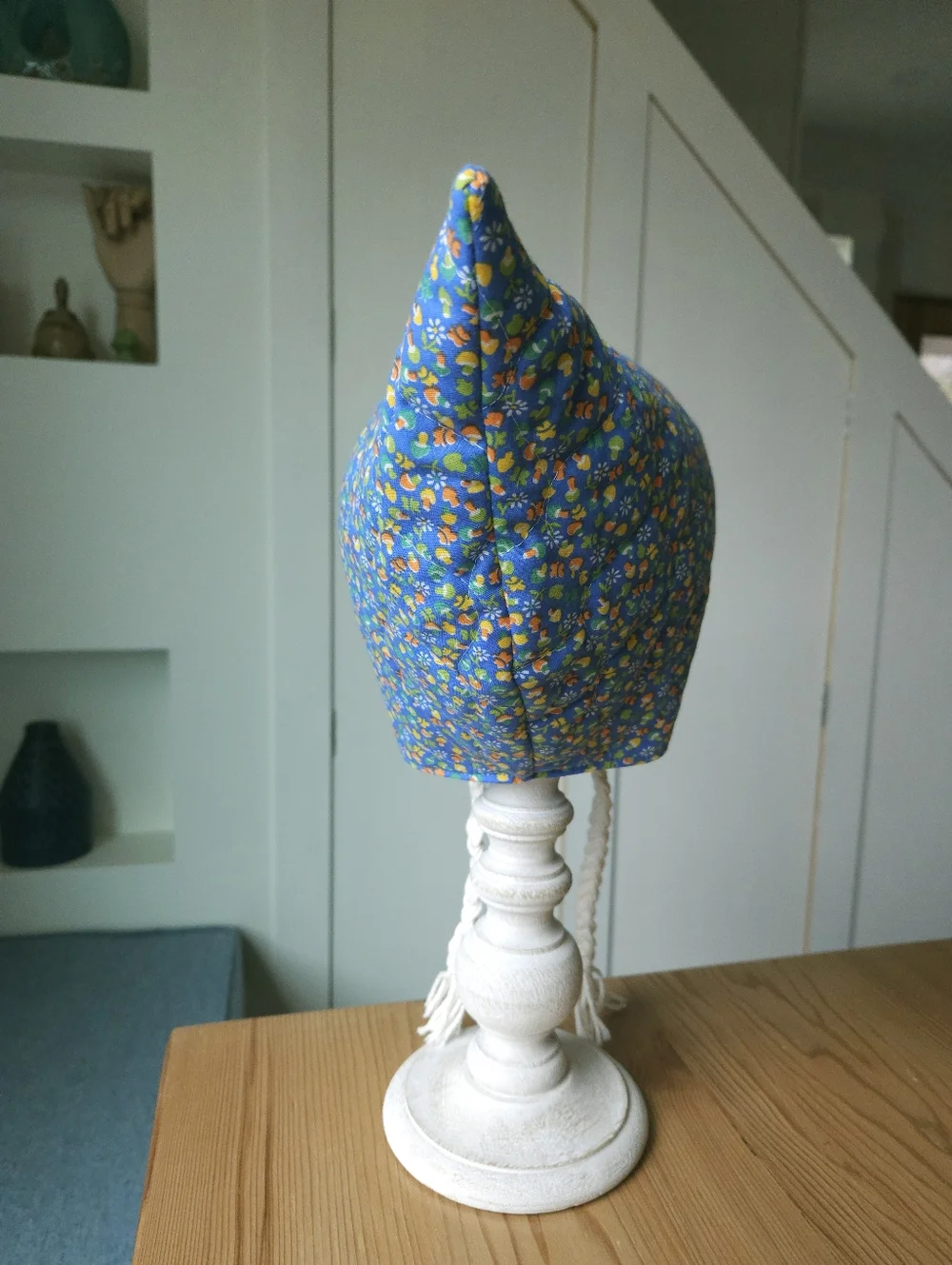Quilted Upcycled Blue Mushroom Pixie Hat Bonnet Fully lined 6-12 months
